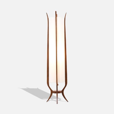 Mid-Century Modern Sculpted Walnut Floor Lamp with New Linen Shade
