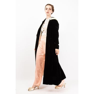 1930s Black velvet coat / Vintage ermine trim / Full length evening cloak / S 