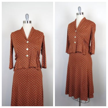 Vintage 1930s 1940s dress skirt and top set two piece polka dot peplum land girl WWII era 
