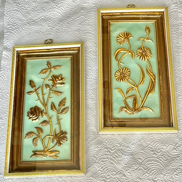 Mid Century Framed Art, Set 2, Copper Sculpture, Vintage 50s 60s Decor, Wall Hangings 