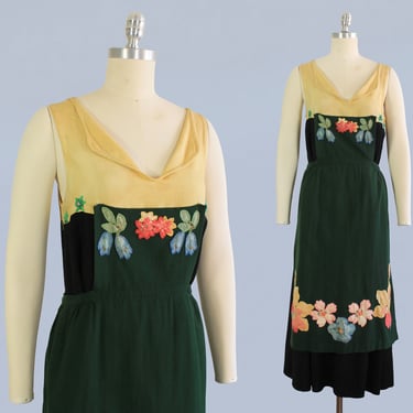 1930s Dress / 30s Depression Homemade Mixed Fabric Apron Dress / Silk Applique Flowers 