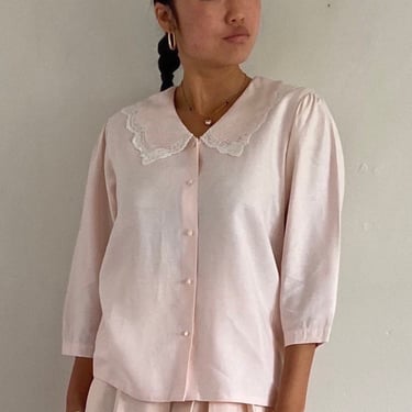 90s linen blouse / vintage romantic blush pink linen puff sleeve batwing sailor collar blouse | Medium 