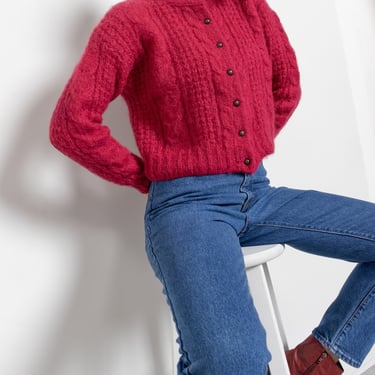 PINK MOHAIR CABLE Knit Jumper Sweater Cardigan Cranberry Vintage Cropped Fit Fall Winter / Medium 