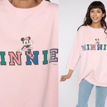 Disney Shirt 90s Minnie Mouse Shirt Pink Long Sleeve Lace Trim Tee 1990s Graphic Cartoon TShirt Vintage Kawaii Small Medium Large 