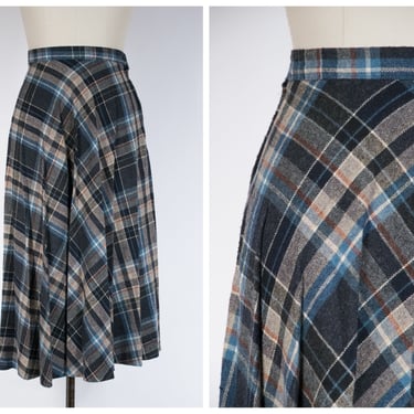 1970s Plaid Skirt - Vintage 70s Wool Blend Gently Pleated Plaid Skirt in Cool Autumnals 
