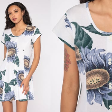 princess polly baby blue dress Vtg 90s Grunge BIG SUNFLOWER BLOSSOM JUMPER Dress XS-S main image 1