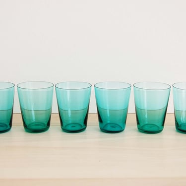 Set of 6 Scandinavian Modern Emerald Green Color Glass Small Tumblers 