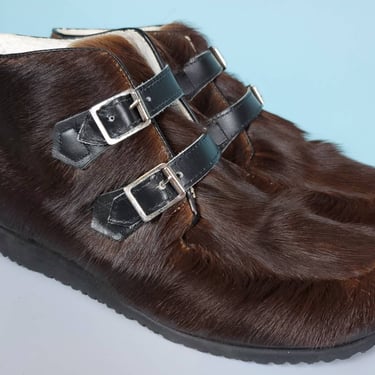 1960s mod winter booties. Dark chocolate fur. Sherpa lining. Double monk straps. Super warm. By Capitol. (Men's size 8) 