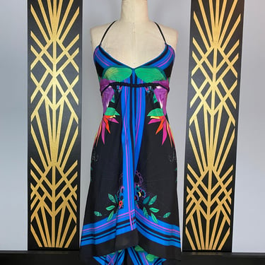 1990s slip dress, tropical print, vanity fair, vintage 90s dress, border print, asymmetrical, criss cross, silk dress, summer, plunging, 32 