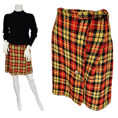 1960's Woven Red Yellow Plaid Pleated Mini Skirt I Sz Med I Juniorite 