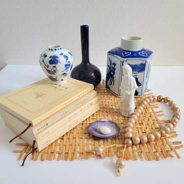 Vintage Japanese Decor Set - Blue & White Ceramic Vases, Vintage Books, Meditation Beads 