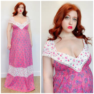 1970s Vintage Pink Cotton Smocked Bodice Maxi Dress / 70s / Seventies Floral Empire Waist Prairie Gown / Size Small - Large 