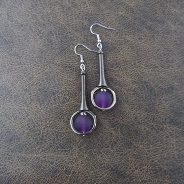 Mid century modern earrings purple frosted glass and gunmetal earrings 