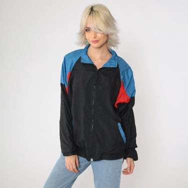 90s Windbreaker Black Red Blue Color Block Jacket Vintage Full Zip Raglan Sleeve Athletic Sportswear 1990s Large L 