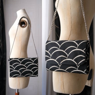 ANNE FONTAINE Black & White Wave Cloud Print Canvas Envelope Shoulder Bag w/ Leather Silver Chain Strap | 2000s Y2K French Designer Purse 