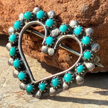 Vintage Southwest Turquoise and Sterling Silver Petite Point Snake Eyes Heart Pin / Brooch 