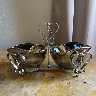 Vintage Mid Century Modern silver fade glass dish with heart caddy barware serving dishes 