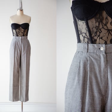 high waisted pants | 80s 90s vintage black white houndstooth checkered plaid dark academia pleated trousers 