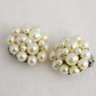1960s Faux Pearl Cluster Clip Earrings 