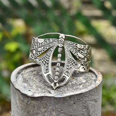 Vintage Sterling Silver Dragonfly Cuff Bracelet, Art Nouveau, Engraved Silver Butterfly Cuff, WTS 925, Adjustable, 5 1/4" 