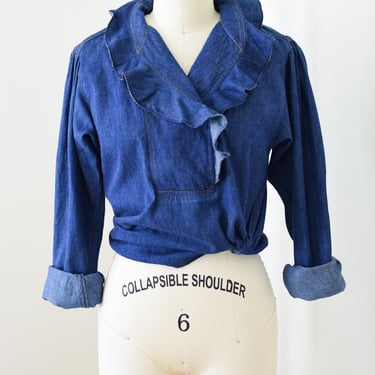 Vintage 1980s Bis by Gene Ewing Denim Blouse | XS/S | Dark Wash Lightweight Denim Shirt with Ruffle Collar 