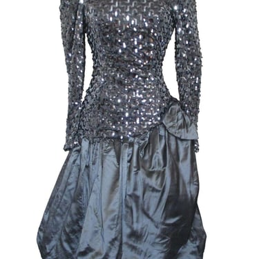 Sequin Dress, Vintage 80s, S Women, Pewter Acetate, Bubble Hem, Cocktail Party 