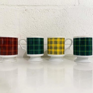 Vintage Rainbow Plaid Mod Mugs Holmar Pedestal Stacking Cups Ceramic Coffee Mug Tea Mid Century Japan Colorful Retro 1960s 