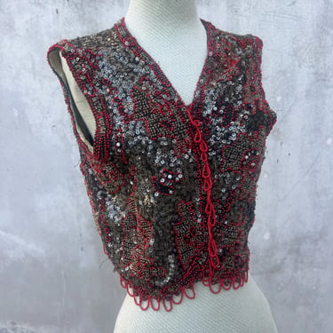 Vintage 1930s Red & Black Dance Costume Vest Sequins Headed Intricate Dress Top