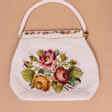 White Floral Beaded and Needlepoint Handbag