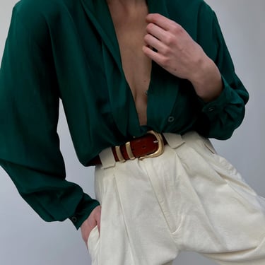 Vintage Evergreen Silk Low Drape Blouse