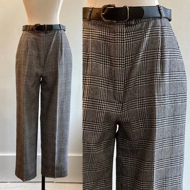 Vintage 70s PLAID PANTS Trousers / Wool Glen Plaid / Black + White + Gray / Belt + Lined / Tan Jay 