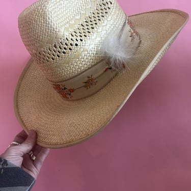 VTG 80s Straw Floral Cowboy Hat 