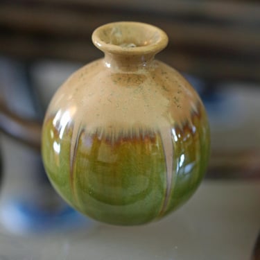 Vintage Drip Glaze Pottery Vase  Round Bulb Green 