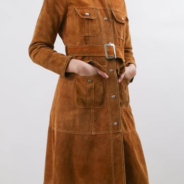 1970s Suede Snap Front Trench Coat with Matching Belt