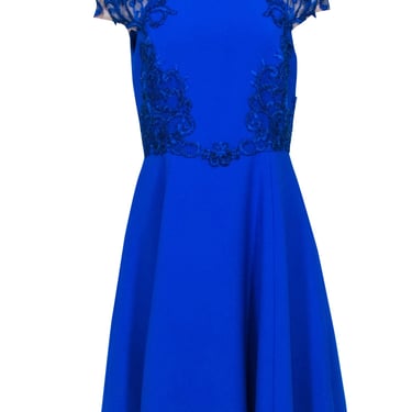 Marchesa Notte - Cobalt Blue Beaded Embroidery Cap Sleeve Dress Sz 8