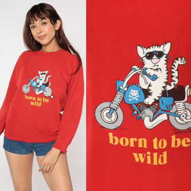 Biker Cat Sweatshirt 90s Funny Cat Shirt Born To Be Wild Graphic Crewneck Pullover Cute Kawaii Kitty Motorcycle Red Vintage 80s Medium M 