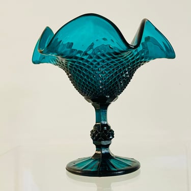 Vintage 1960s MCM Art Glass Ruffle Pedestal Stem Candy Dish Blue Teal Made In Italy 