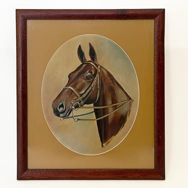 1980s “Thoroughbred Hunter Portrait” Vintage Horse Painting Equestrian Oil on Paper by V. Crable 