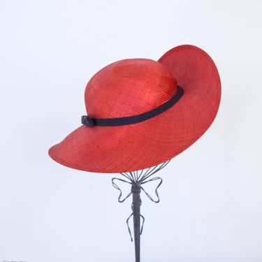 1980s Red Straw Hat | 80s Red Woven Saucer Hat  | Saucer Hat | Sonni 
