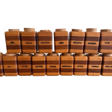 Midcentury Layered Wood Spice Jars with Cork Lids Vintage Set of 16 