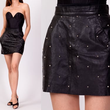90s Studded Black Leather Mini Skirt - Extra Small, 24.5" | Vintage Punk High Waisted Fitted Miniskirt 