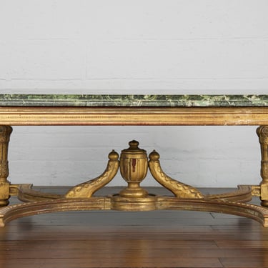 19th Century French Napoleon III Period Carved Giltwood Coffee Table with Green Marble Top 