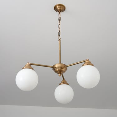 Triple Chandelier - Round Milk Glass - Brass Lighting - Dining Room Light - Opal Glass Globes 