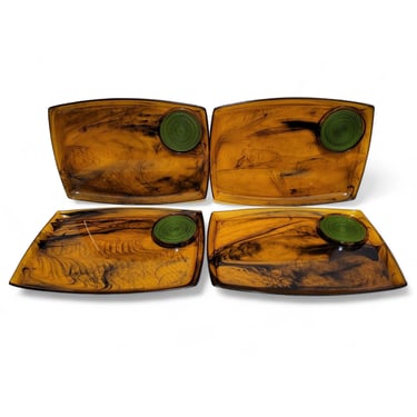1960s Vintage Canape Snack Trays, Amber Marble Swirl Lucite w/ Raffia Coaster, Hors de Houvres Cocktails, Mid Century, Vintage Kitchen & Bar 