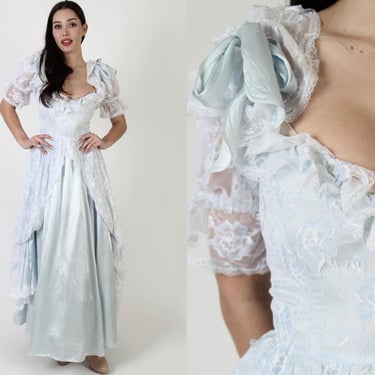 80s Gunne Sax Blue Satin Saloon Dress / Victorian Style Full Skirt Dress / Edwardian Western Inspired Prom Wedding Gown 