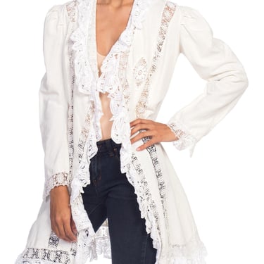 Victorian White Organic Cotton Jacket With Handmade Lace Trim 