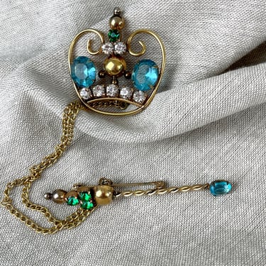 Jeweled crown and scepter chatelaine brooches - 1950s vintage