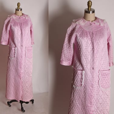 1960s 1970s Pink Quilted Long Sleeve Button Up House Coat Robe -L 