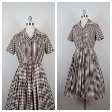 Vintage 1960s gingham shirt dress shirtwaist cotton fit and flare smocked 1950s full skirt day dress 