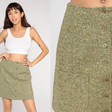 Mod Mini Skirt 70s Green Tweed Skirt Retro A Line Skirt Button Up Preppy School Girl Boho Chic Simple Vintage 1970s Small Medium 